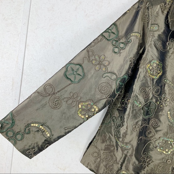 Susan Graver Sequin Taffeta Jacket Sage Green Floral Embroidery Holiday - Picture 5 of 11